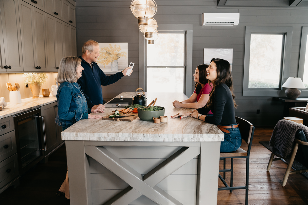 Family enjoying comfortable home with Mitsubishi Electric heating and cooling
